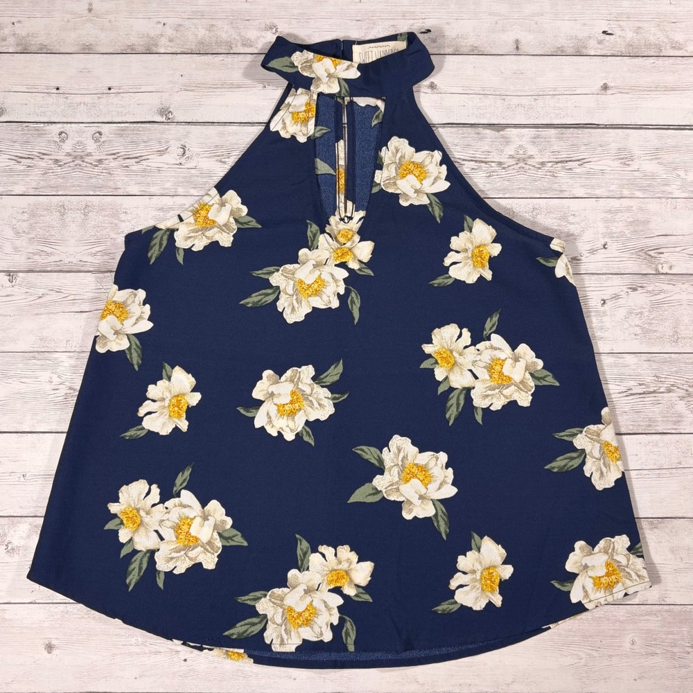 Sweet Wanderer Navy Blue Floral Halter Keyhole Top SJ4028 Small - Picture 4 of 14